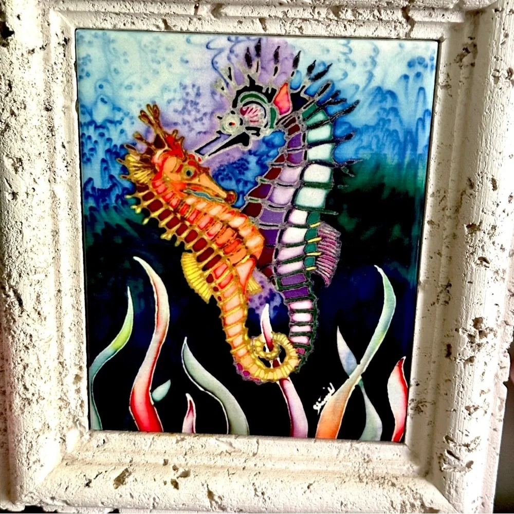 Seahorse Ocean Art Painted Tile Lightweight Framed Signed Marine Unique Art